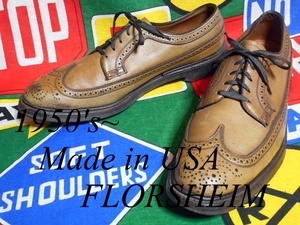 ★ダブルコバ仕様の１足★Made in USA製アメリカ製FLORSHEIMフローシェイムビンテージウイングチップレザーシューズ50s50年代イエロー~28cm