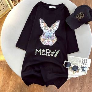 t shirt Kirakira rhinestone cute rabbit pattern black large size 