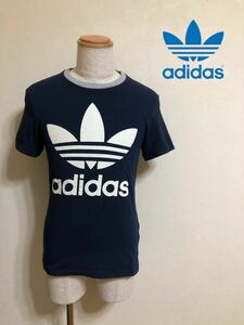 【美品】 adidas originals アディダス オリジナルス トレフォイル ビッグロゴ Tシャツ トップス サイズO 半袖 ネイビー W68141