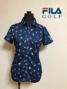 【美品】 FILA GOLF フィラ ゴルフ レディース 総柄 ドライ シャツ ウェア サイズM 半袖 ネイビー ML5FL628