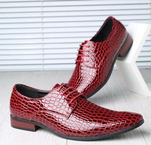 新品 メンズシューズ 高級 ビジネスシューズ PUレザー クラシック 紳士靴 ウイングチップ 皮靴 蛇紋 シークレット 通気性 赤 24cm~28cm