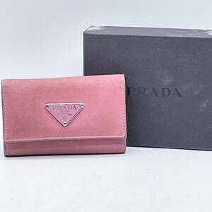 ◆PRADA プラダ ◆キーケース6連 ピンク 三角ロゴプレート イタリア製 箱付き 1連欠損現状品