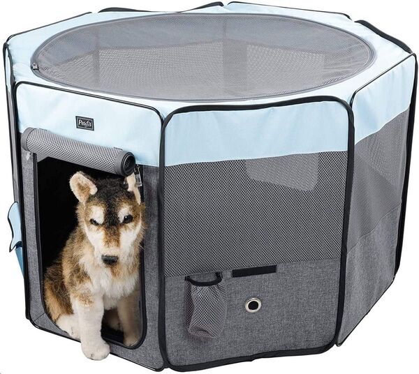 折りたたみサークル ゲージ 八角形 プレイサークル 犬猫兼用 分娩室 メッシュ 屋根付き 収納バッグ付き M/ブルー