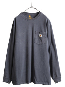 ■ カーハート ポケット付き 長袖 Tシャツ メンズ L / 古着 CARHARTT ロンT ワンポイント ポケT ロゴT ヘビーウェイト 無地 ソリッド 青 灰