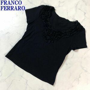 フランコフェラーロ 半袖Tシャツ 綿 Vネック フリル 黒 FRANCO FERRARO コットン ブラック レース ３ C5824