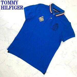 トミーヒルフィガー 半袖ポロシャツ 綿 ワッペン デザイン 青TOMMY HILFIGER コットン ブルー M C6557