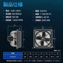 換気扇 250mm 羽根径 25cm 有圧換気扇 シャッター付き 100V 産業用有圧換気扇 低騒音形 排気専用 単相 工場 作業所 倉庫_画像6