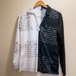 新品★ホワイト＆ブラック★英字柄★長袖ポロシャツ★ゴルフウエア★ユニセックス★L