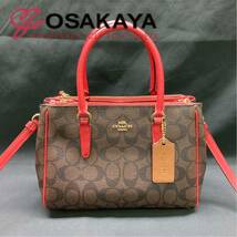 中古美品 COACH ミニサリー キャリーオール F67027 ブラウン×トゥルーレッド 2WAY ショルダー ハンドバッグ マグネット ファスナー ギフト_画像3