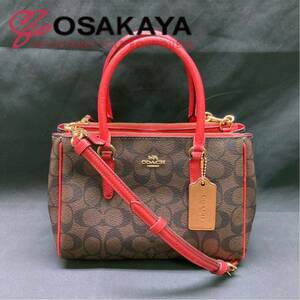 中古美品 COACH ミニサリー キャリーオール F67027 ブラウン×トゥルーレッド 2WAY ショルダー ハンドバッグ マグネット ファスナー ギフト