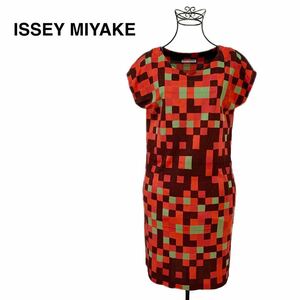 ☆良品 イッセイミヤケ ISSEY MIYAKE フレンチスリーブ ブロックチェック 半袖 ワンピース ドレス size 2 プリーツプリーズ PLEATS PLEASE