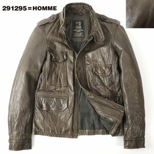 参考価格￥48,000- 美品 291295=HOMME パッゾ 羊革 ウォッシュド ラムレザー M-65 ミリタリージャケット ブラウン 茶 44 S PAZZO