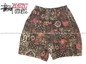 希少! 90's 90年代 OLD STUSSY オールド ステューシー ELASTIC STUFF INDO 総柄 ショートパンツ ビーチショーツ S ハーフパンツ 宗教柄