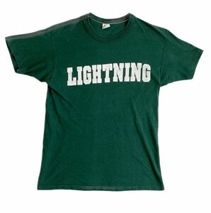 絶妙ロゴ 70's 80's 米国製 金タグ ラッセル RUSSELL ビンテージ Tシャツ LIGHTNING ライトニング グリーン M [ta-0802]