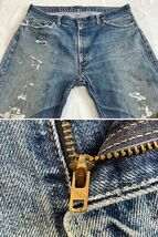 60's 70's 米国製 リーバイス LEVI'S 505 ビッグE 赤耳 裾チェーン ダメージ クラッシュ 実寸W96 L75cm [ta-0810]_画像3