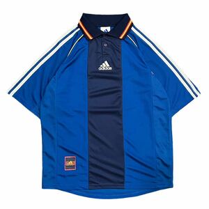 90’s adidas アディダス ビンテージ サッカーシャツ ラグラン Lサイズ ブルー ネイビー ポロシャツ ロゴ プリント メッシュ ゲームシャツ