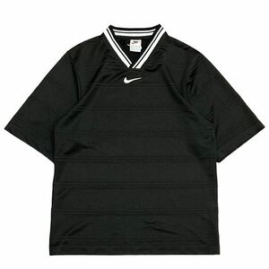 90’s NIKE ナイキ ビンテージ サッカーシャツ 銀タグ XSサイズ 大きめ ブラック 黒 ボーダー スウォッシュ 刺繍 ロゴ ゲームシャツ 90年代