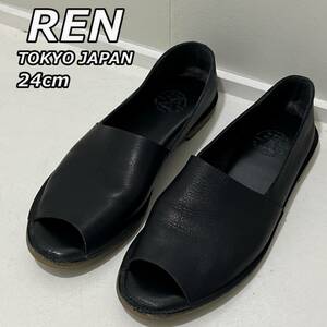 size:24cm【REN TOKYO JAPAN】レン 東京ジャパン レザー オープントゥ フラット パンプス 黒 ブラック