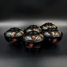 【宝蔵】未使用 輪島塗 黒塗 春秋蒔絵 吸物椀 汁椀 御椀 5客 12cm 懐石道具 天然木 漆塗り 漆芸 漆器 ①_画像3