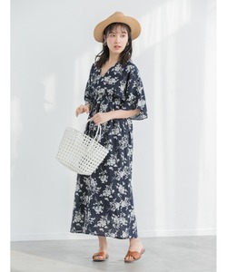 S9★FIFTH フィフス★花柄 バックシャンカシュクール 半袖ロングワンピース マキシ丈 ノースリーブ マキシ丈★送料無料★レディースM 紺色