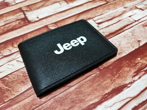 Jeep レザーカードケース【ブラック】薄型■クライスラー・ジープ ラングラー アンリミテッド グランドチェロキー コンパス レネゲード