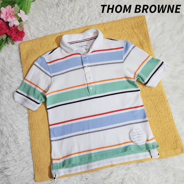 THOM BROWNE マルチボーダー・半袖ポロシャツ 表記サイズ0 XS レディース トムブラウン 白ベース マルチカラー 82397
