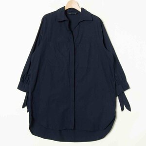 ZARA WOMAN ザラ リボンカフス七分袖シャツ ブラウス トップス 綿100％ きれいめカジュアル シンプル 大人 ネイビー 紺 L 無地 春秋