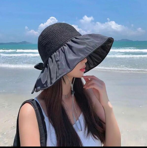 〈黒〉つば広 帽子 レディースUVカット 紫外線対策 日焼け防止 夏 リボン
