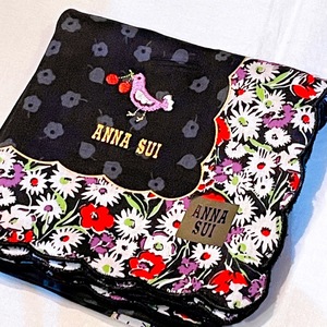 未使用！ANNA SUI アナスイ ハンカチ サクランボ 鳥 チェリー 刺繍 お花 黒 送料￥210 大判 /コスメ レース タオル バタフライ 猫 ネコ