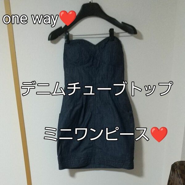 one way☆未使用☆美品☆デニムチューブトップミニワンピース☆