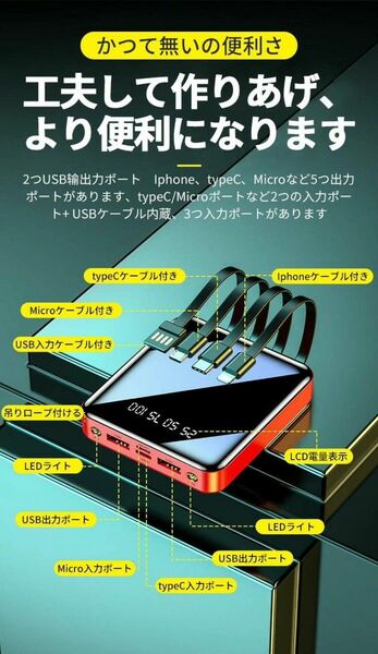 PSE認証済モバイルバッテリー 10000mAh 軽量 小型 4本ケーブル内蔵