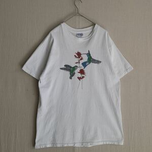 USA製 80s 90s Hanes Tシャツ / L コットン ホワイト プリント イラスト 動物 鳥 半袖 ビンテージ T3-08020-0