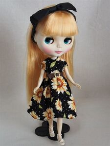 Doll Dressing*ハンドメイド ネオブライス サイズお洋服セット人形/アウトフィット衣装/ひまわり柄ワンピース/花柄/ドレス/ドール服/ベルト