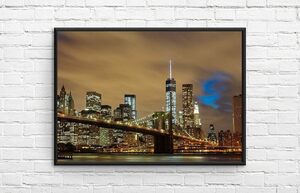 【フレーム付-黒-】インテリアポスター アメリカン ニューヨークの景色 ブルックリンブリッジの夜景 New York A3サイズ as6