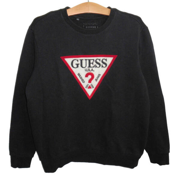 Ξ GUESS ゲス トライアングルロゴ フロッキープリント クルーネック スウェット M