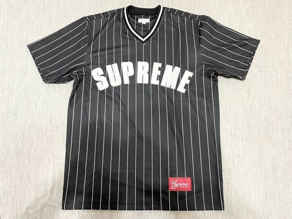 【美品 Sサイズ】Supreme 17SS Pinstripe Baseball Jersey 黒 BoxLogo シュプリーム tee Tシャツ アーチロゴ　ベースボール