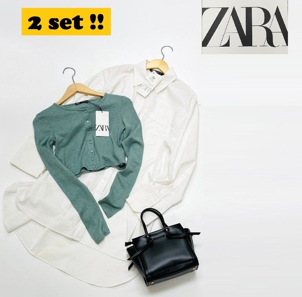 2セット 未使用品 /XS/ ZARA ホワイト オーバーサイズシャツ グリーン クロップドカーディガン レディース タグ カジュアル トップス ザラ