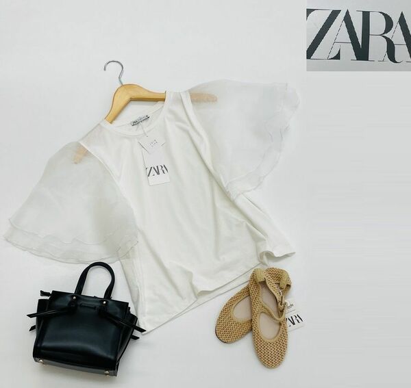 未使用品 /M/ ZARA ホワイト フリルオーガンザTシャツ レディース タグ カジュアル トップス フェミニン 大人可愛い透け感白 デイリー ザラ