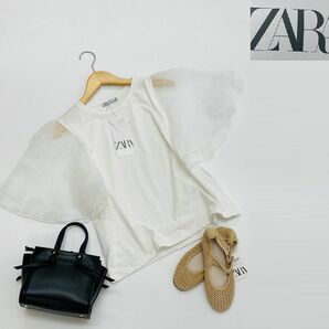 未使用品 /M/ ZARA ホワイト フリルオーガンザTシャツ レディース タグ カジュアル トップス フェミニン 大人可愛い透け感白 デイリー ザラ