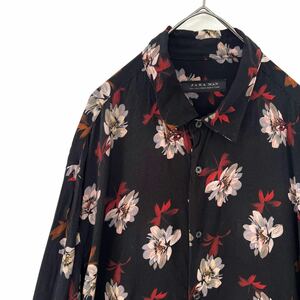 【送料無料】ZARA ザラ　花柄　長袖　メンズ　シャツ　L 42 ブラック　レッド　黒　赤　ボタニカル　フラワー