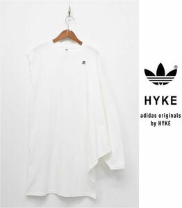 D298/美品 adidas HYKE ハイク アシンメトリーカットソー ロング丈 変形 ドルマン 三つ葉 ロゴ刺繍 ワンポイント S 白 オーバーサイズ