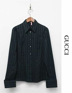 HGA-R255/ GUCCI 長袖ドレスシャツ ブラウス ストライプ ダブルカフス 38 M 黒緑