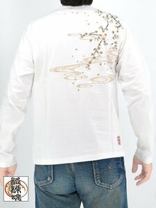 枝垂れ桜VネックロングTシャツ◆絡繰魂 ホワイトＭサイズ 233076 和柄 和風 さくら 長袖 からくり 刺繍