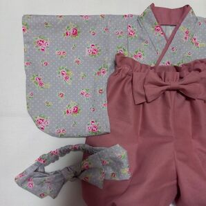 ハンドメイド 男の子女の子ベビー袴 お宮参り100日祝お食い初めお正月 薔薇 花柄 ヘアターバン付き