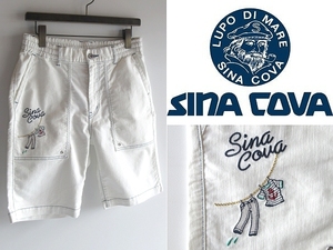 新品タグ付 SINA COVA シナコバ 洗濯物刺繍 ロゴピスネーム ストレッチコットンポリ イージーショートパンツ ショーツ S 白 ホワイト 青糸