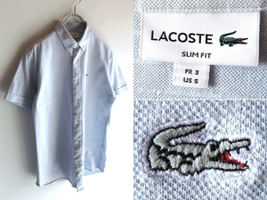 ネコポス可 LACOSTE シルバーラコステ PH763EL ウィンドウペンチェック ストレッチ鹿の子 ボタンダウン ビズポロシャツ FR:3 ライトブルー