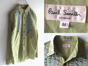 ビンテージ Paul Smith LONDON ポールスミス ピンタックデザインテープ 薄手 コットン シャツ M グリーン ウグイス色 日本製 ネコポス対応