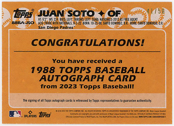 PADRES外野△JUAN SOTO最新2023 TOPPS2 1988 DESIGN直書サイン #50