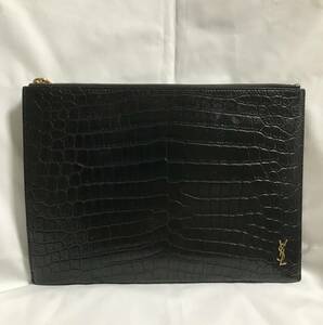 YVES SAINT LAURENT ◆ イヴサンローラン ◆ ロゴプレート クロコ型押し レザークラッチバッグ ブラック 607779