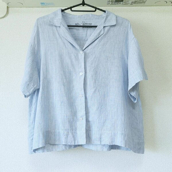 無印良品 麻 リネン ワイドシャツ ストライプ柄 ブルー M～L 開襟